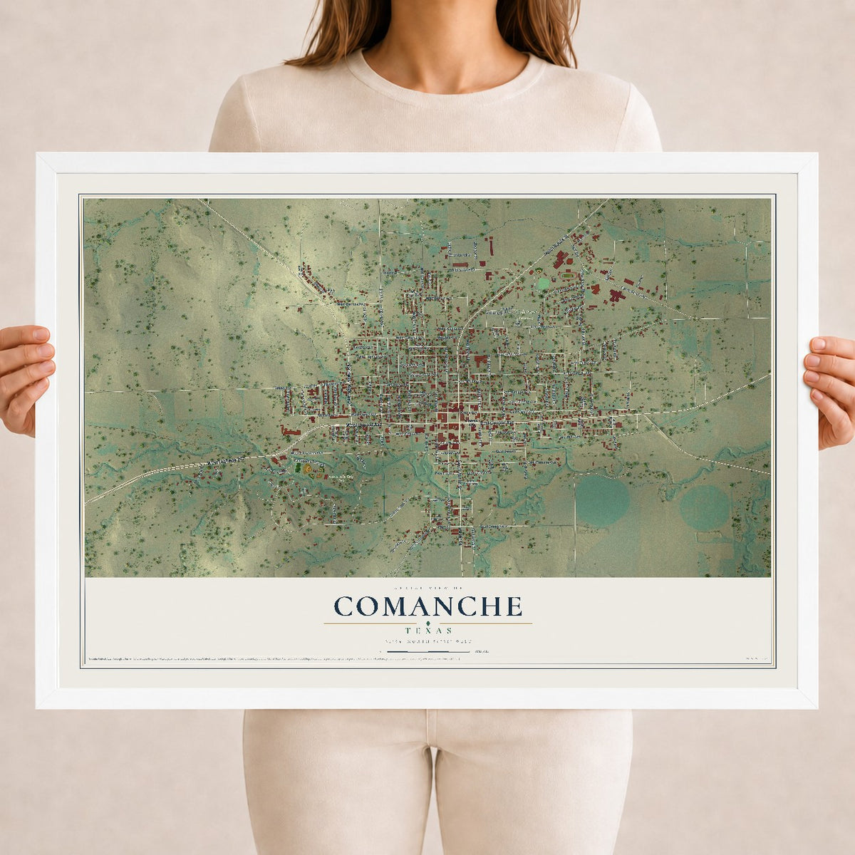Map of Comanche, Texas, 18 x 24 inch print in a white wood frame