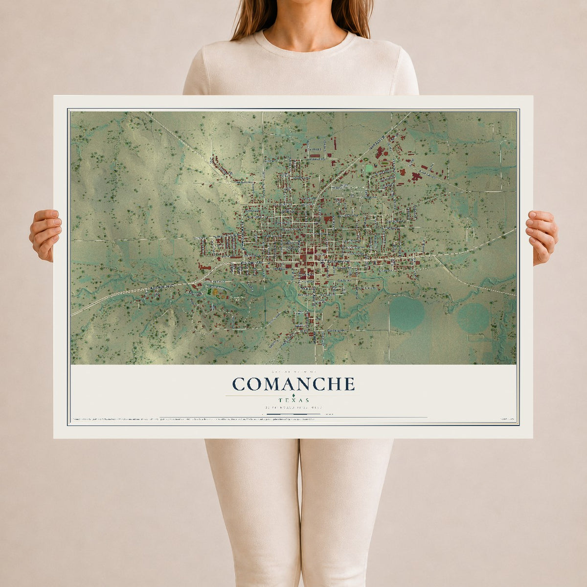 Map of Comanche, Texas, 24 x 36 inch unframed archival matte print