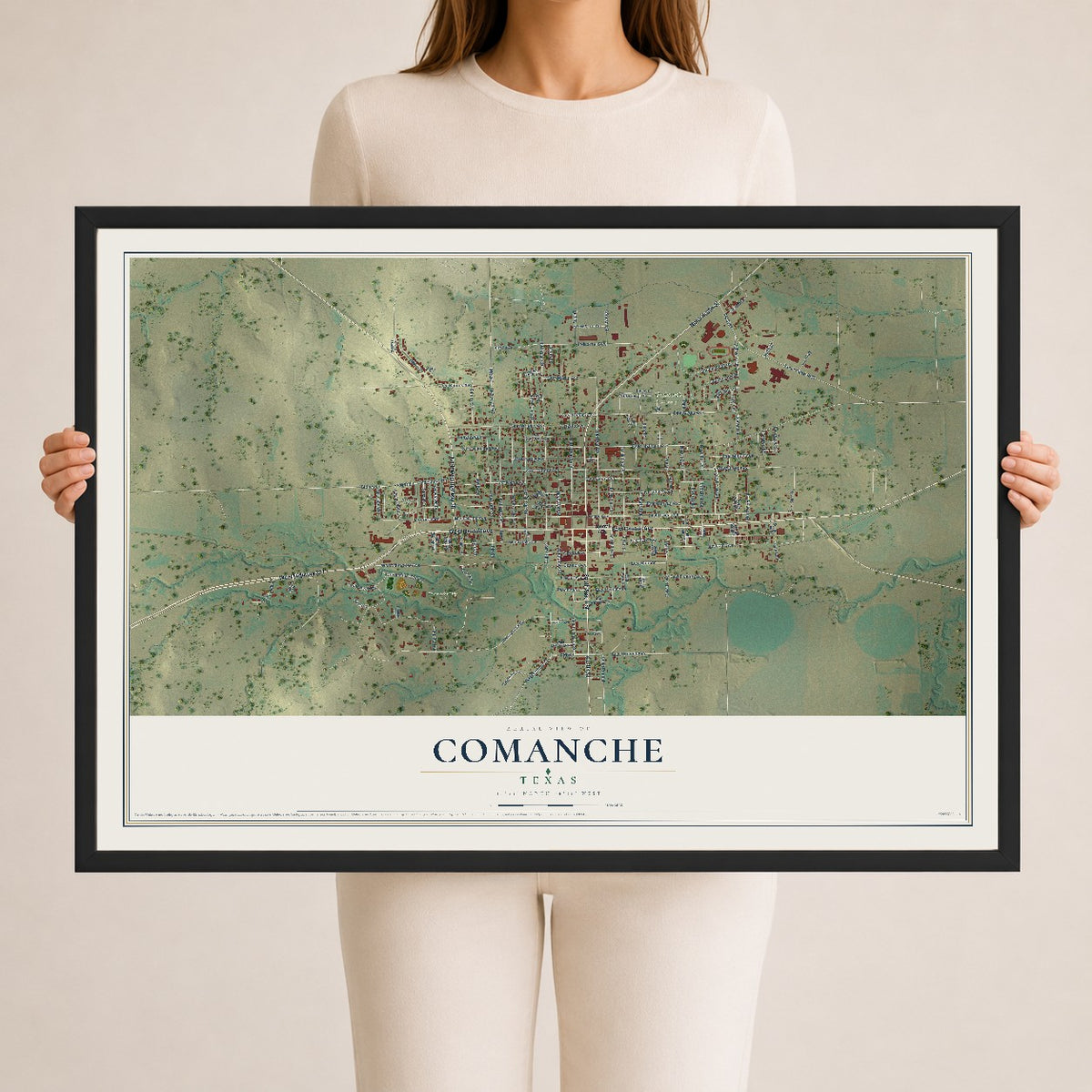 Map of Comanche, Texas, 24 x 36 inch print in a black wood frame