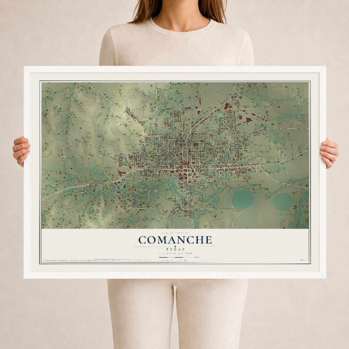 Map of Comanche, Texas, 24 x 36 inch print in a white wood frame
