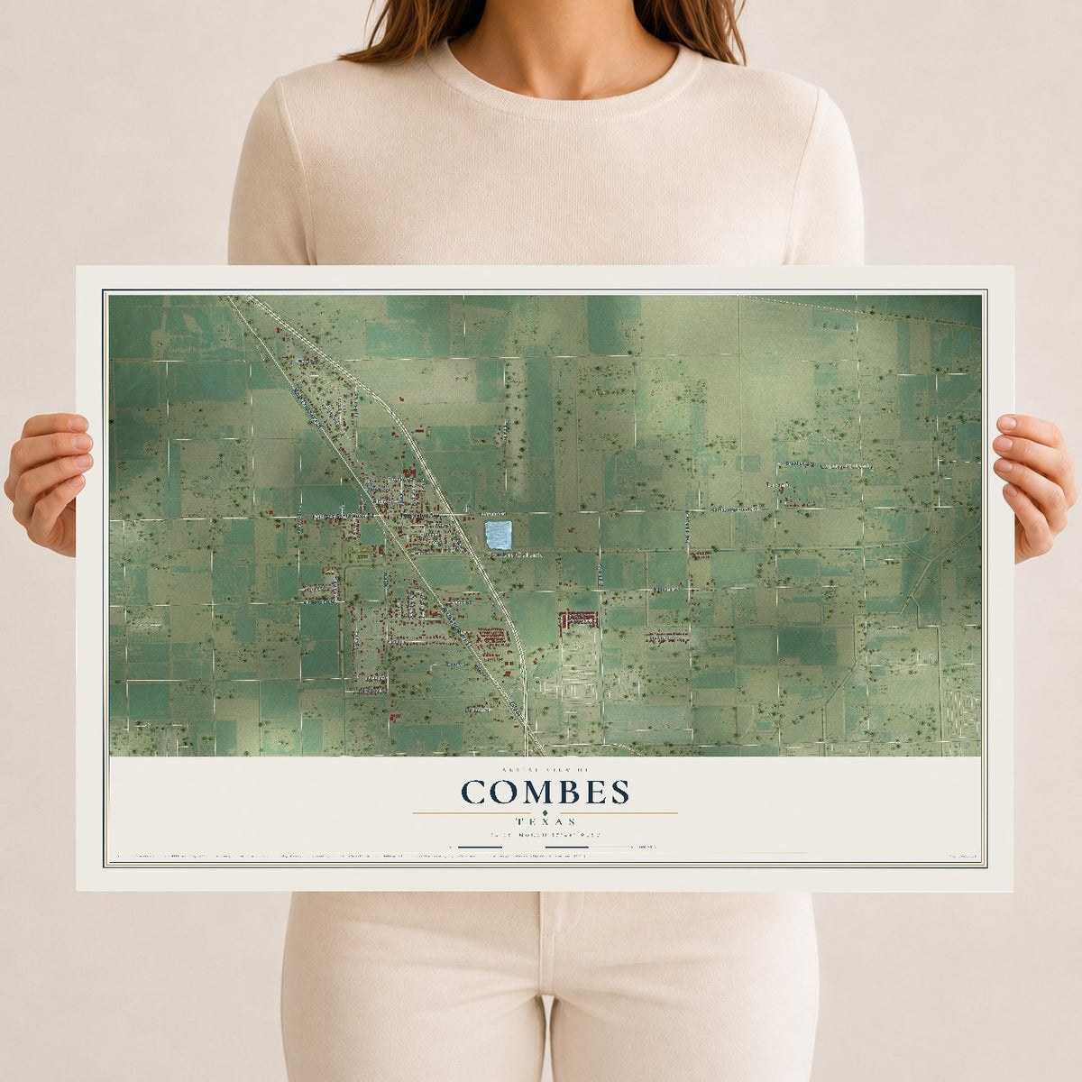 Map of Combes, Texas, 12 x 18 inch unframed archival matte print