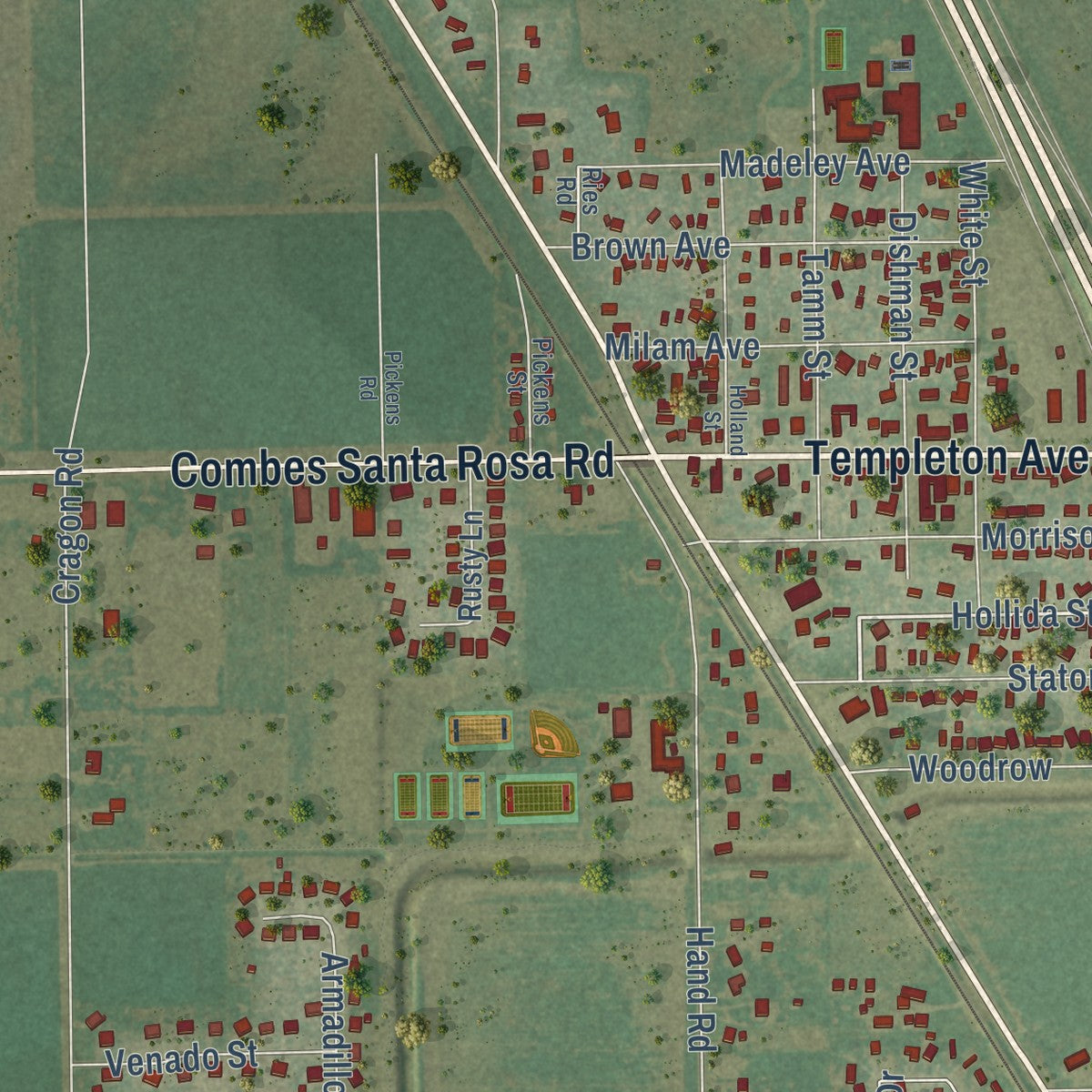 Close-up of the map of Combes, Texas print showing street and building detail