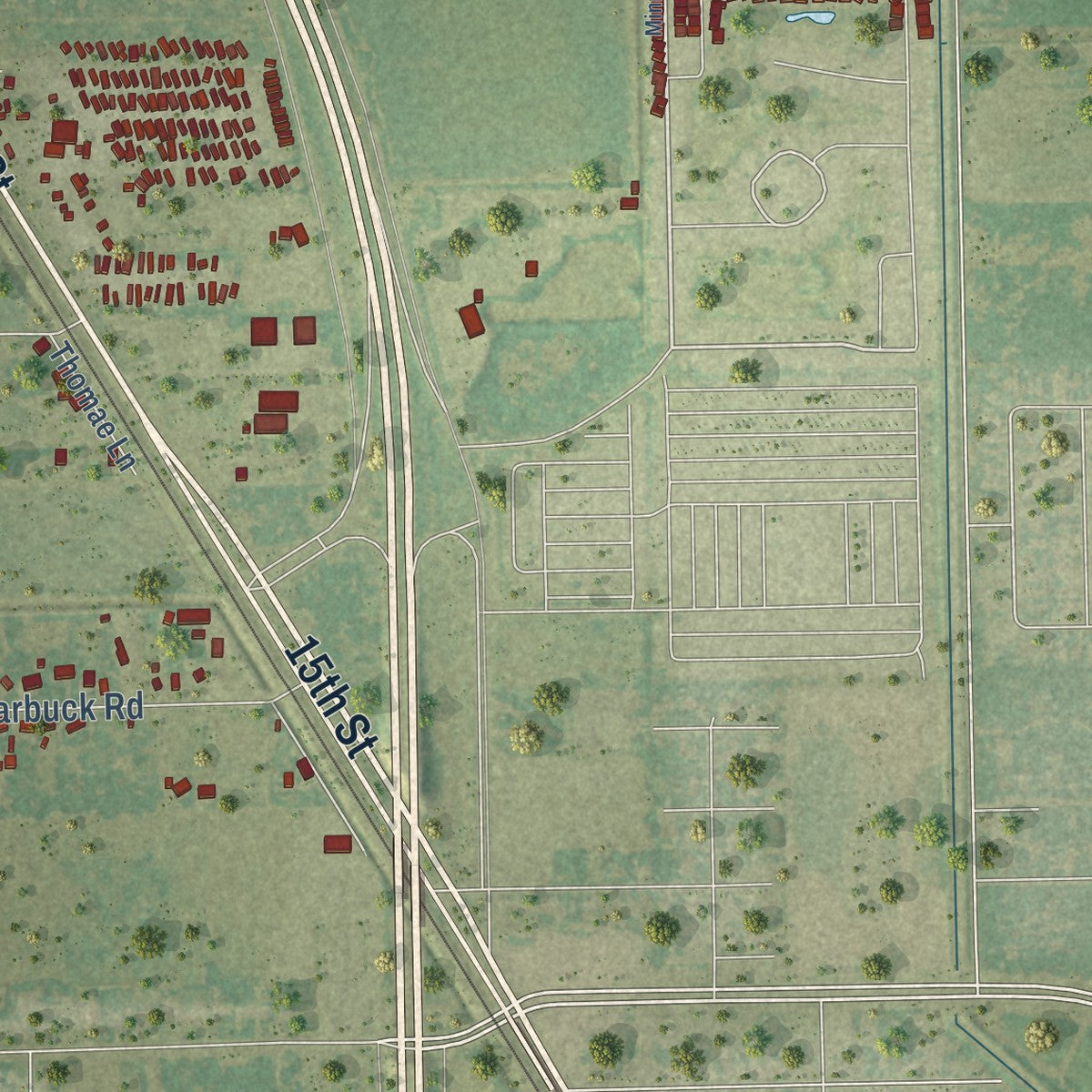 Second close-up of the map of Combes, Texas print showing more streets and buildings