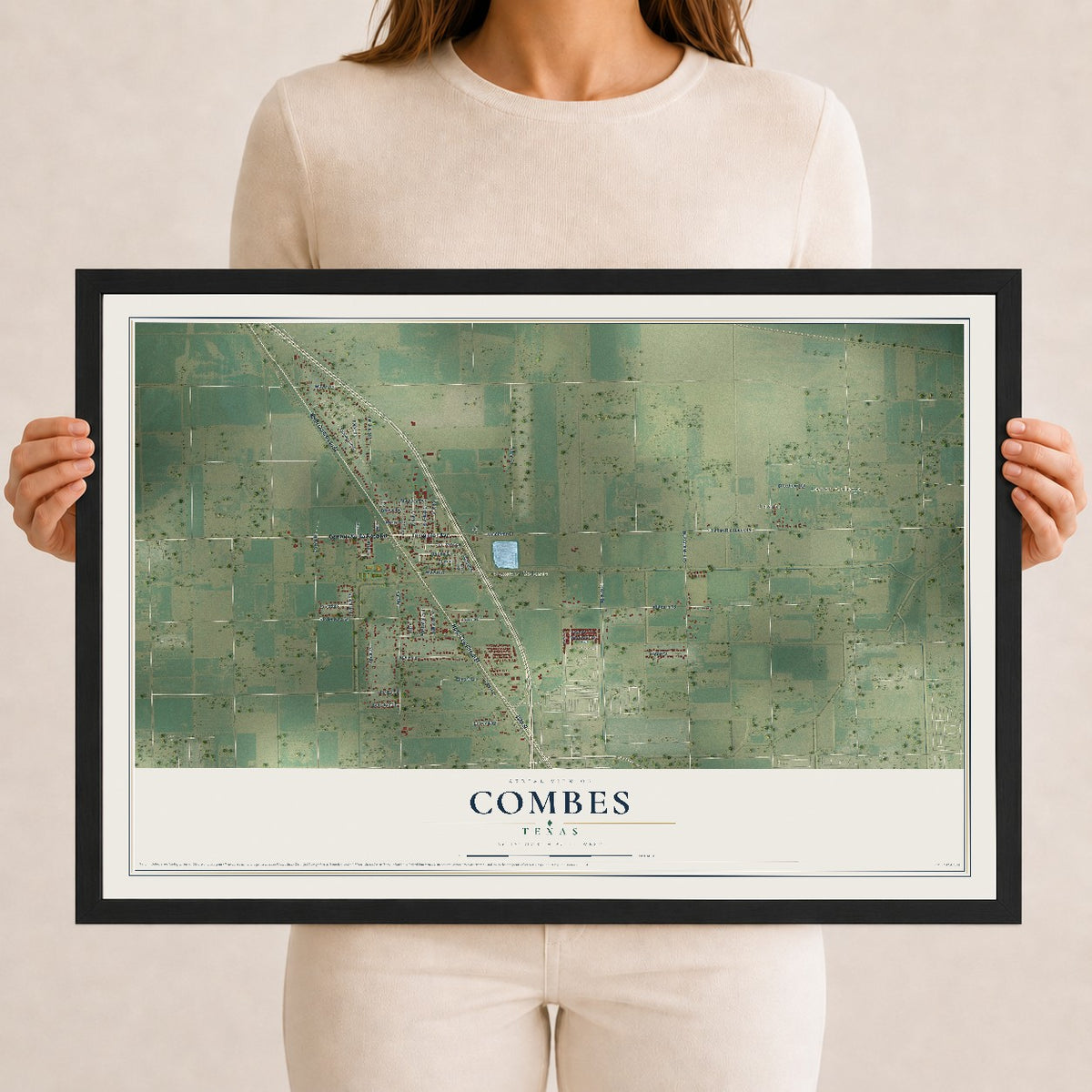 Map of Combes, Texas, 12 x 18 inch print in a black wood frame