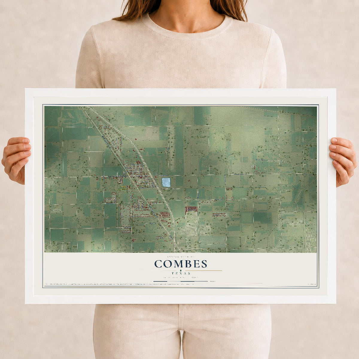 Map of Combes, Texas, 12 x 18 inch print in a white wood frame