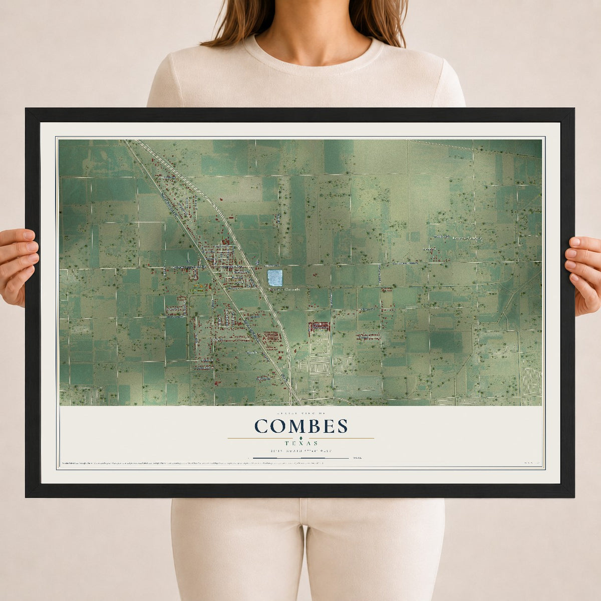 Map of Combes, Texas, 18 x 24 inch print in a black wood frame