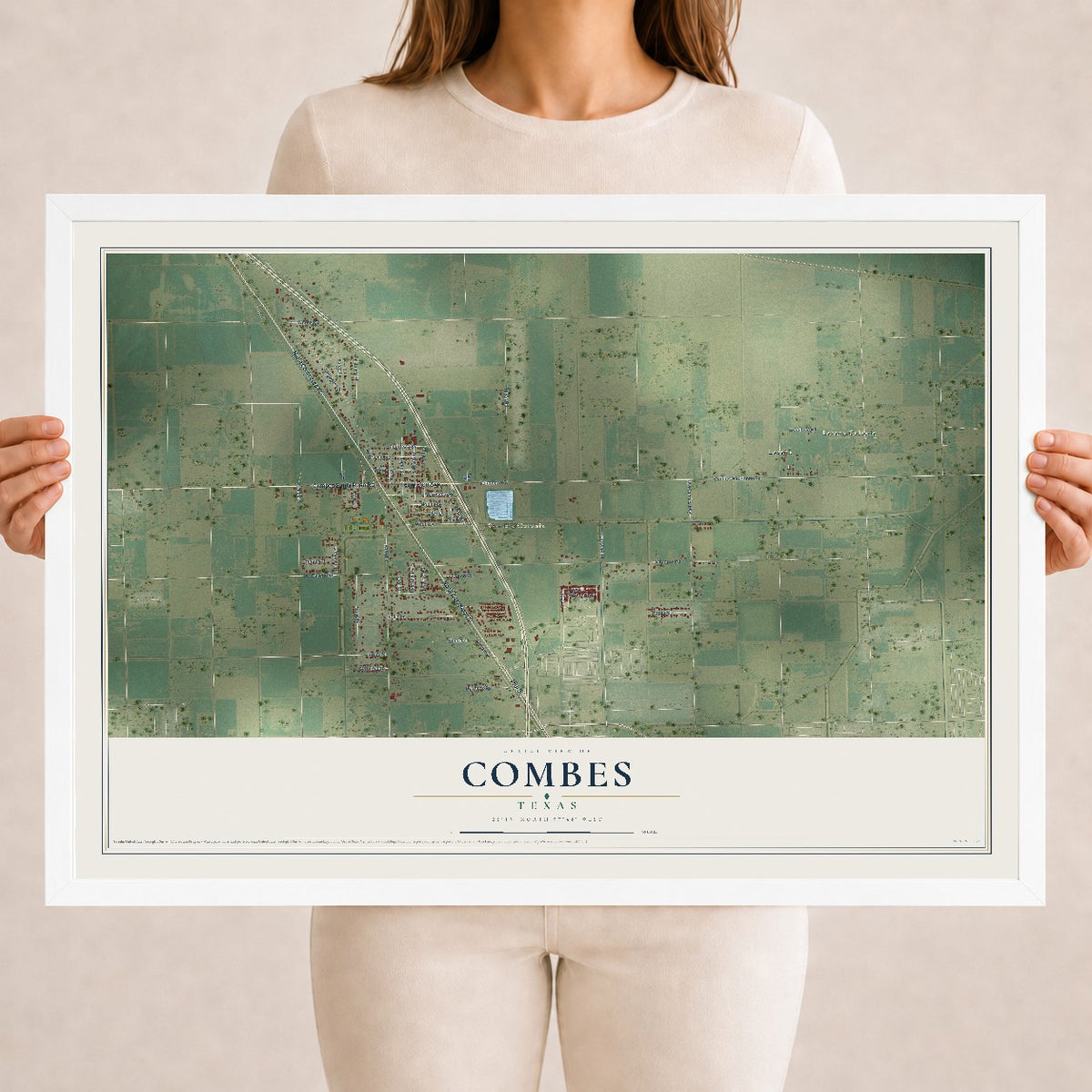 Map of Combes, Texas, 18 x 24 inch print in a white wood frame