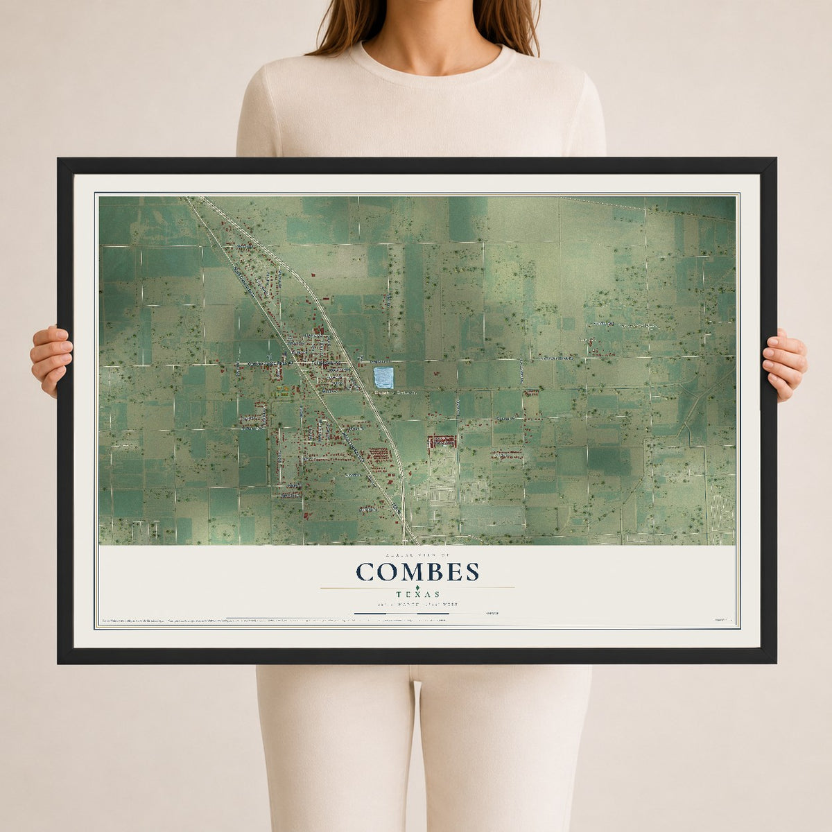 Map of Combes, Texas, 24 x 36 inch print in a black wood frame