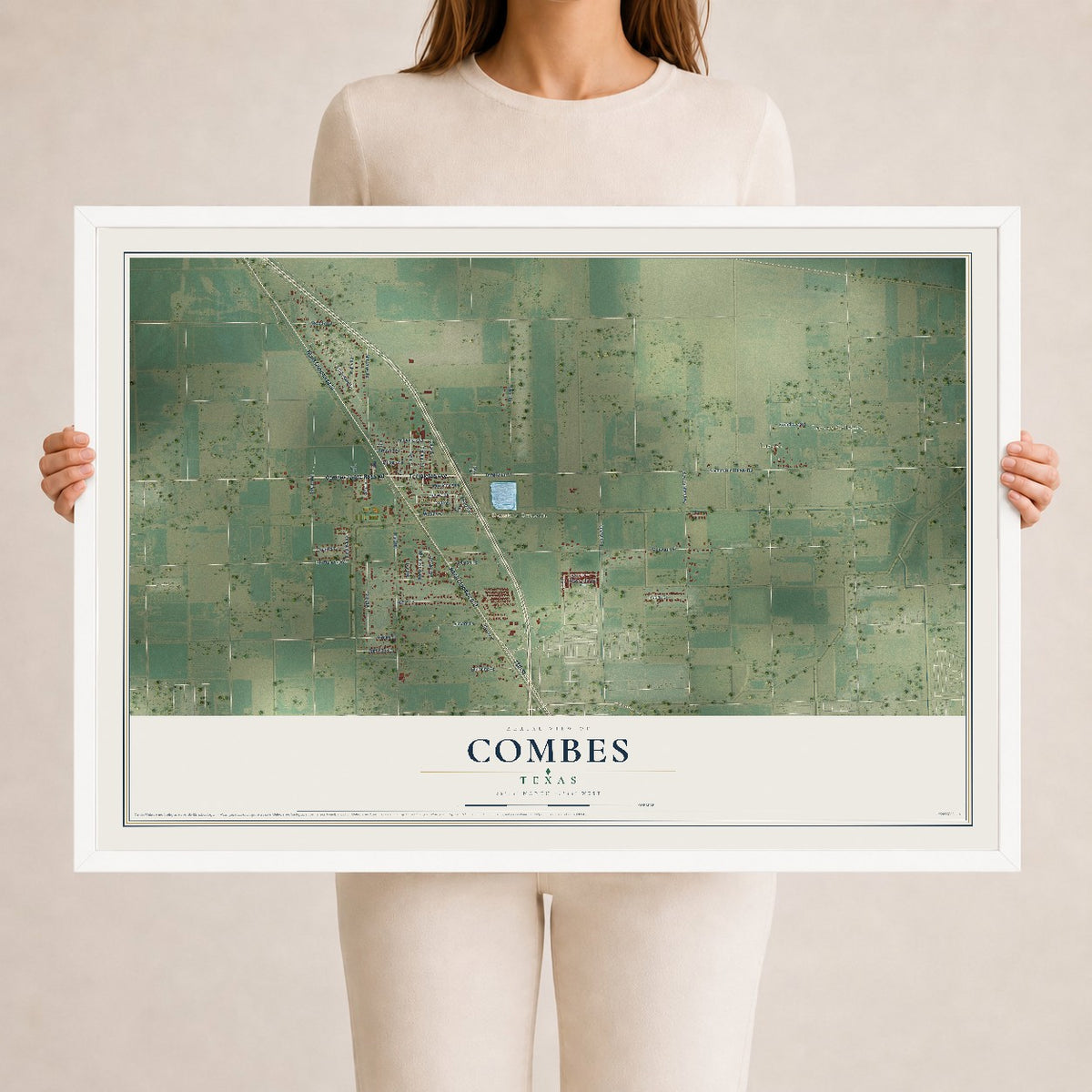 Map of Combes, Texas, 24 x 36 inch print in a white wood frame