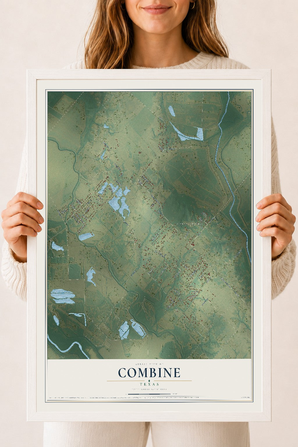 Map of Combine, Texas, 18 x 24 inch print in a white wood frame