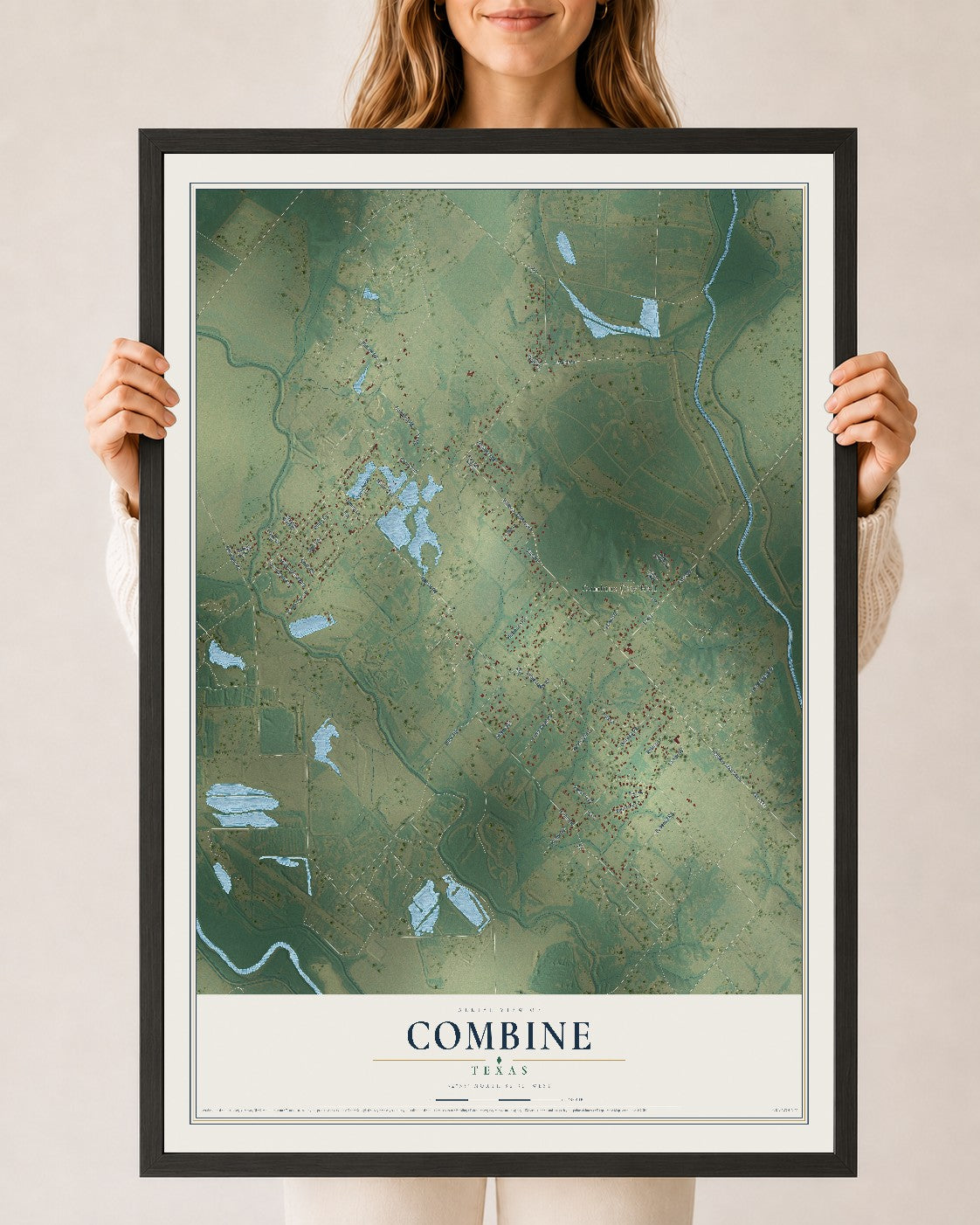 Map of Combine, Texas, 24 x 36 inch print in a black wood frame