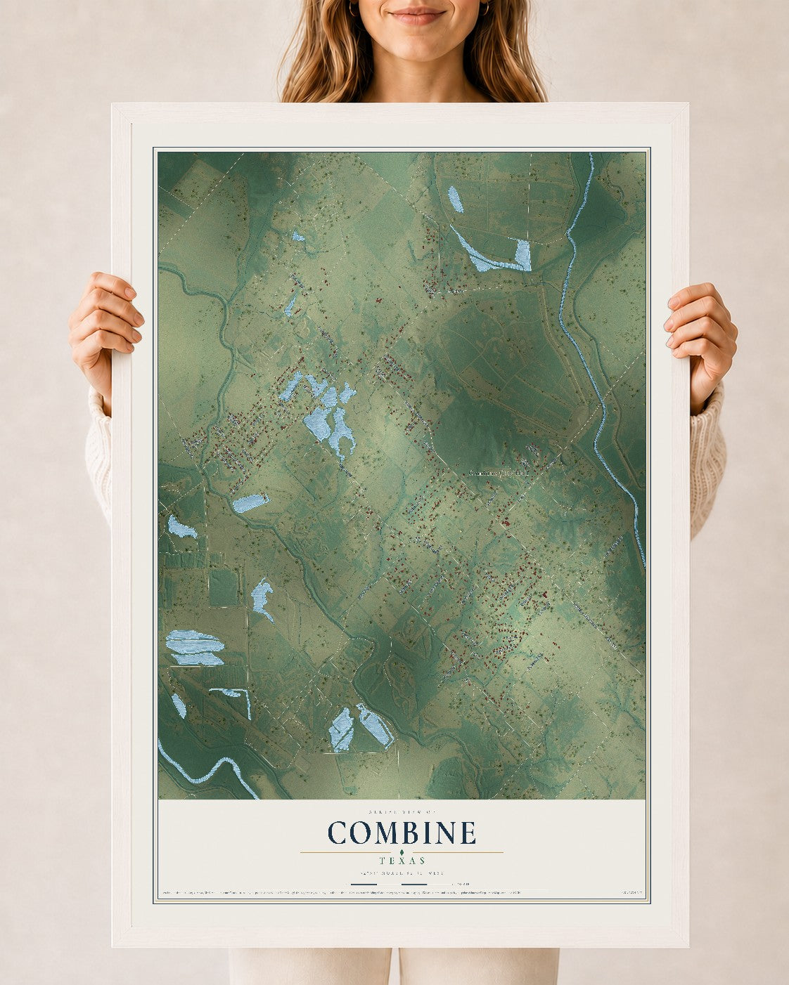 Map of Combine, Texas, 24 x 36 inch print in a white wood frame