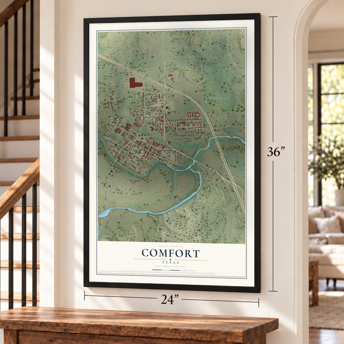 Comfort, Texas map, 24 x 36 inch print in a black frame by a staircase