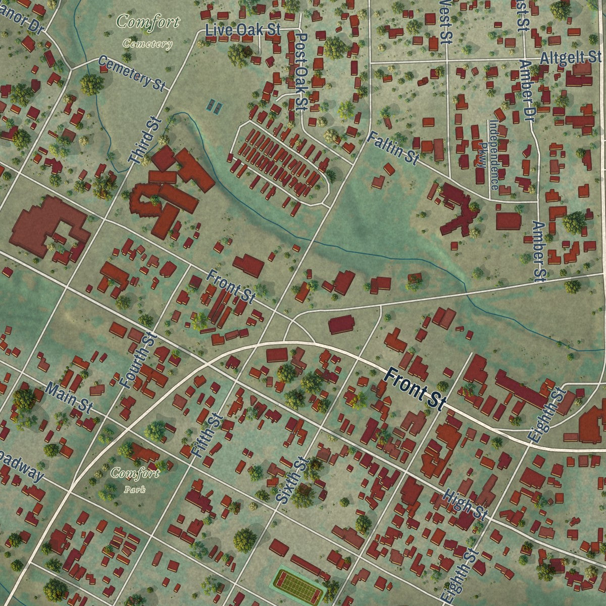 Close-up of the map of Comfort, Texas print showing street and building detail