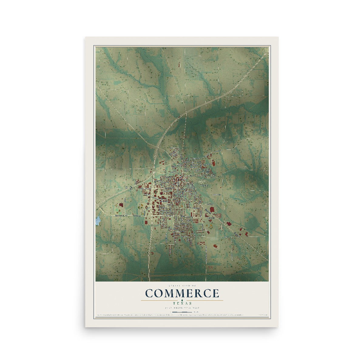 Map of Commerce, Texas, 12 x 18 inch unframed archival matte print