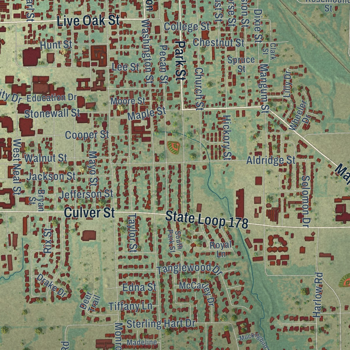 Close-up of the map of Commerce, Texas print showing street and building detail