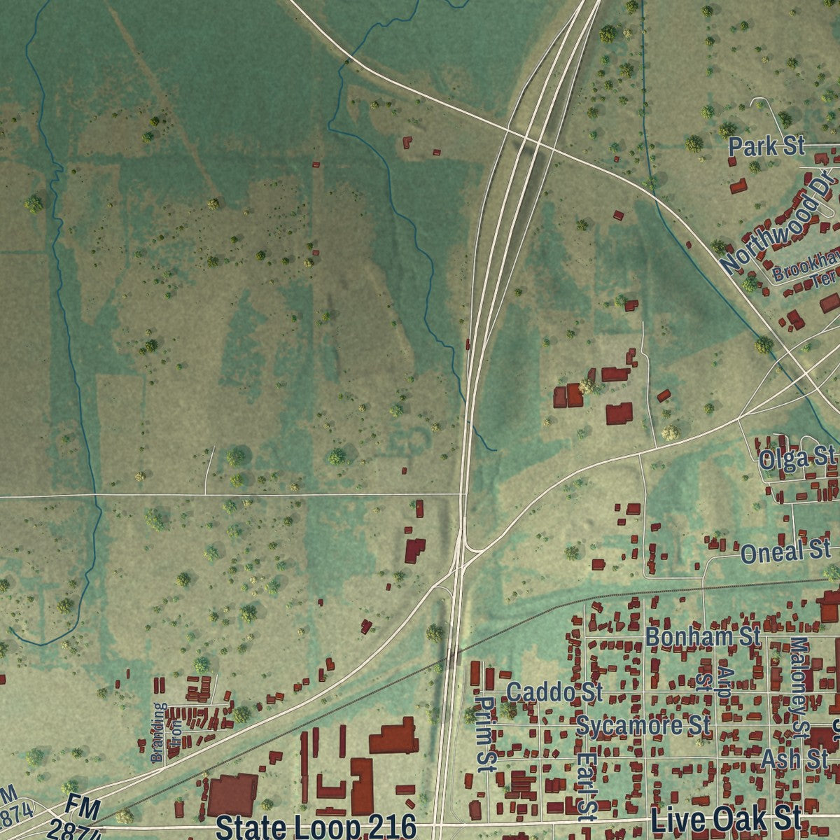 Second close-up of the map of Commerce, Texas print showing more streets and buildings