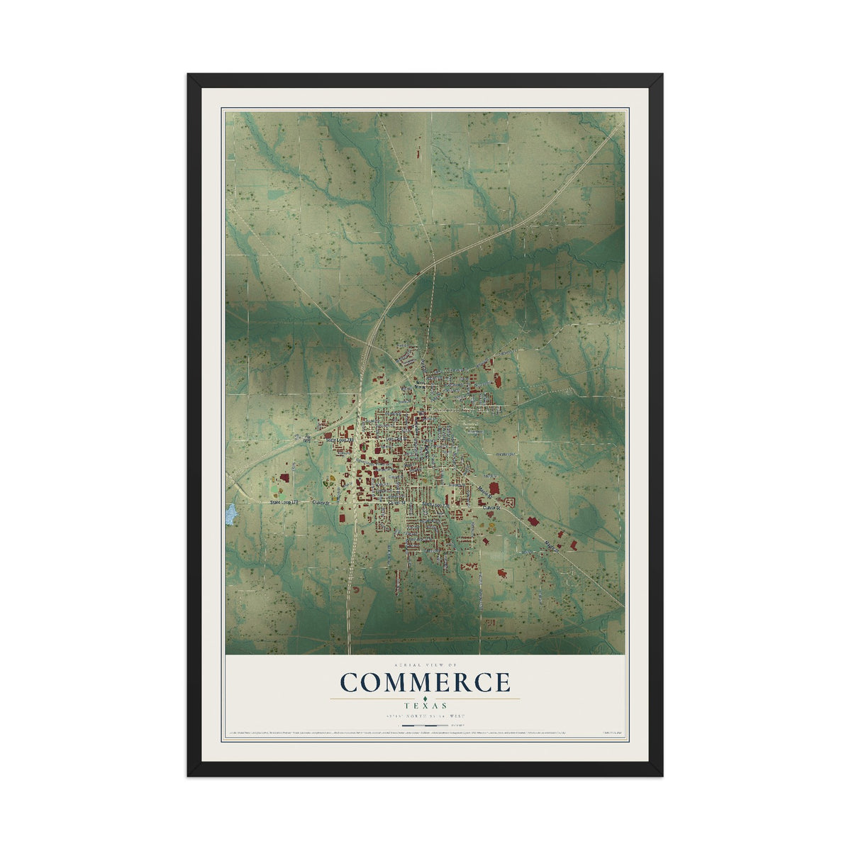 Map of Commerce, Texas, 12 x 18 inch print in a black wood frame