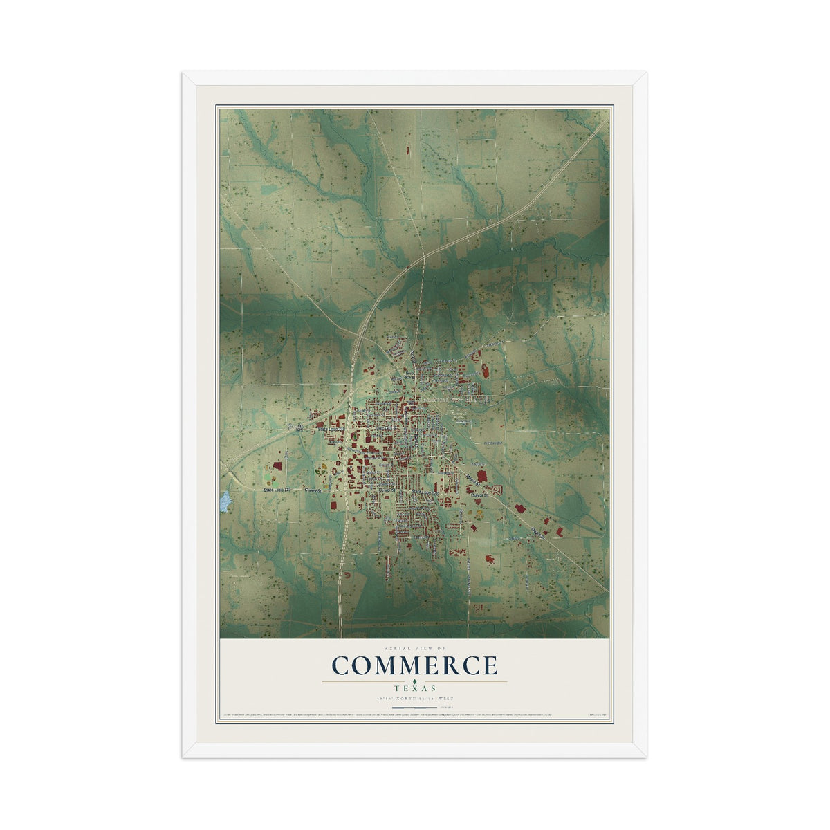 Map of Commerce, Texas, 12 x 18 inch print in a white wood frame