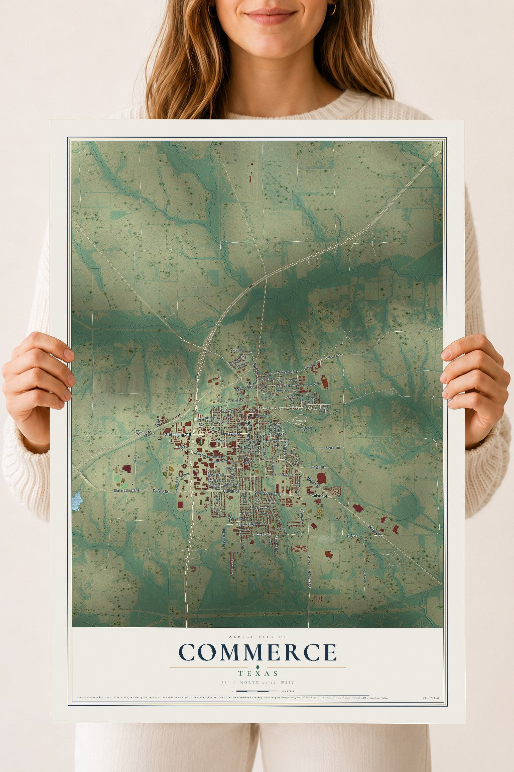 Map of Commerce, Texas, 18 x 24 inch unframed archival matte print