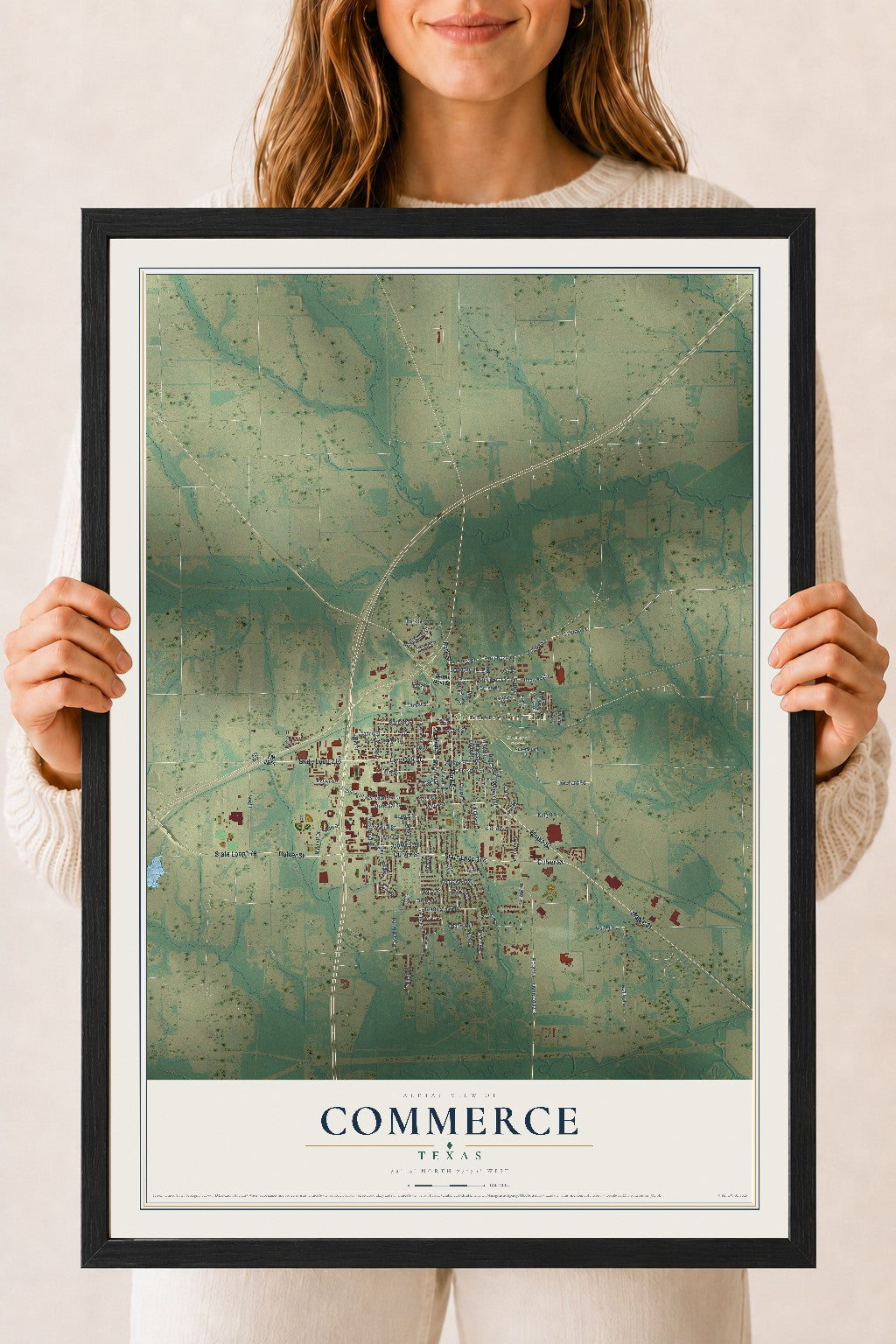 Map of Commerce, Texas, 18 x 24 inch print in a black wood frame
