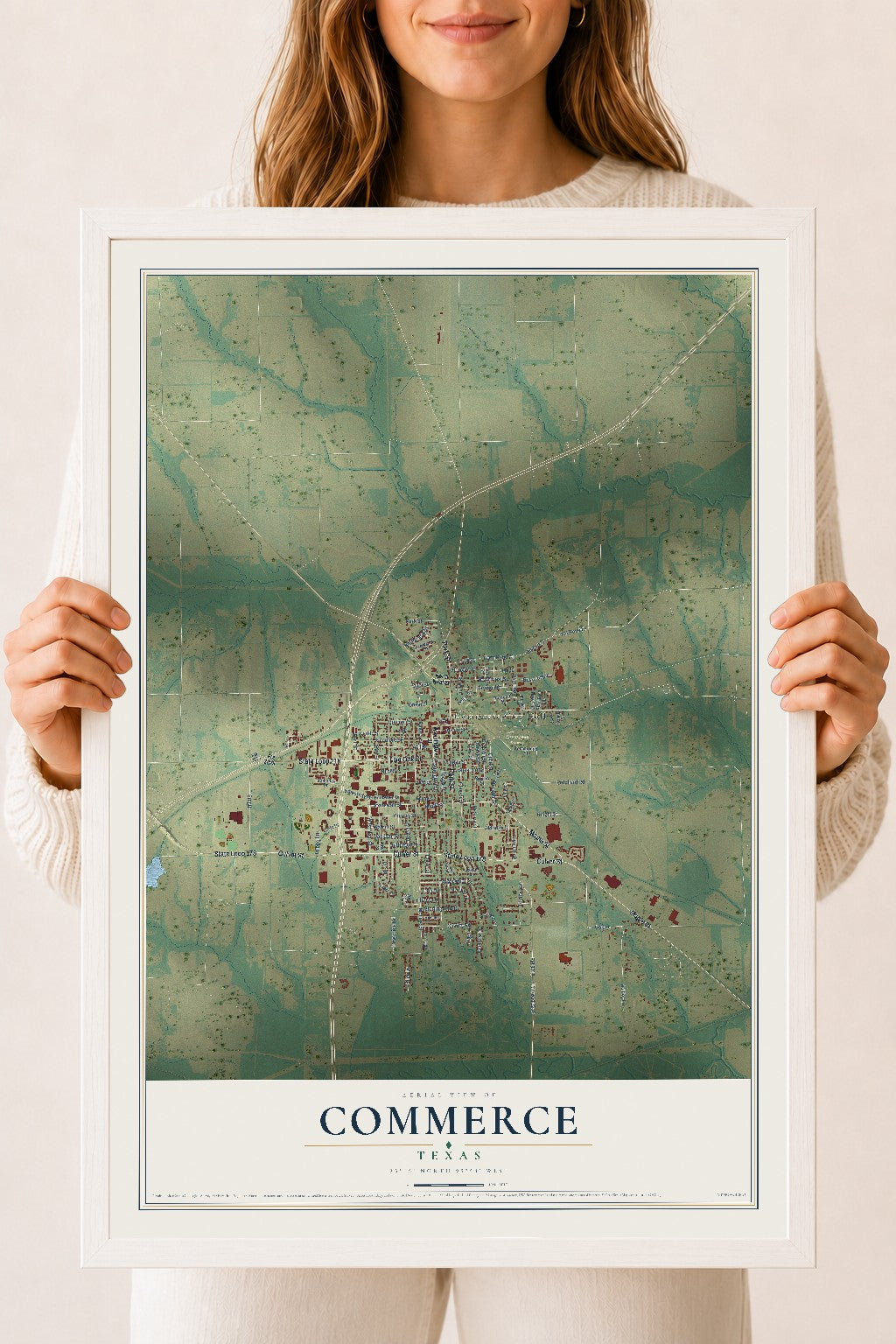 Map of Commerce, Texas, 18 x 24 inch print in a white wood frame