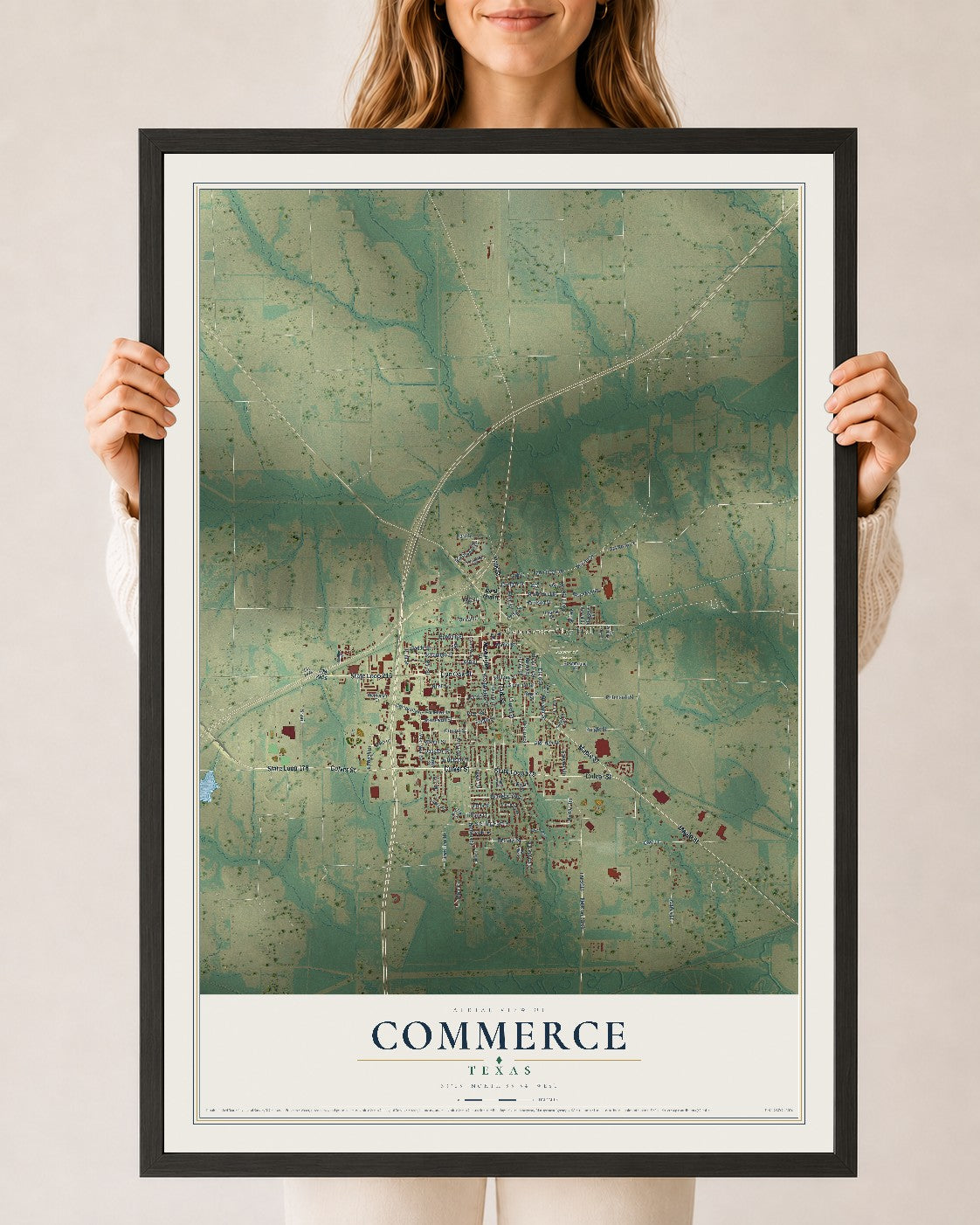Map of Commerce, Texas, 24 x 36 inch print in a black wood frame