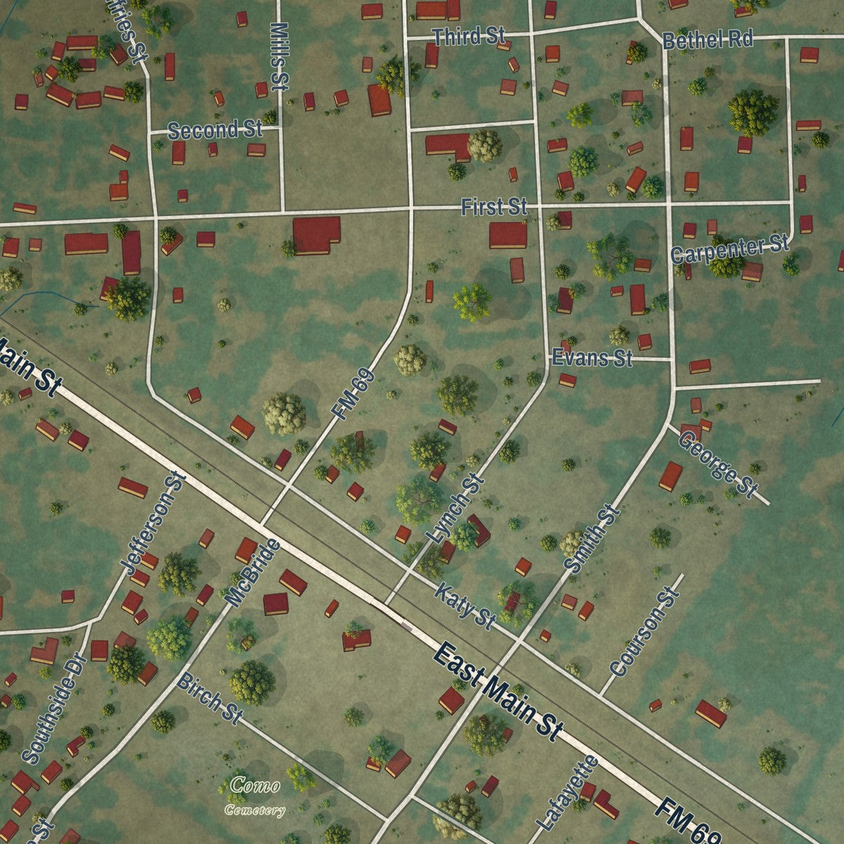 Close-up of the map of Como, Texas print showing street and building detail