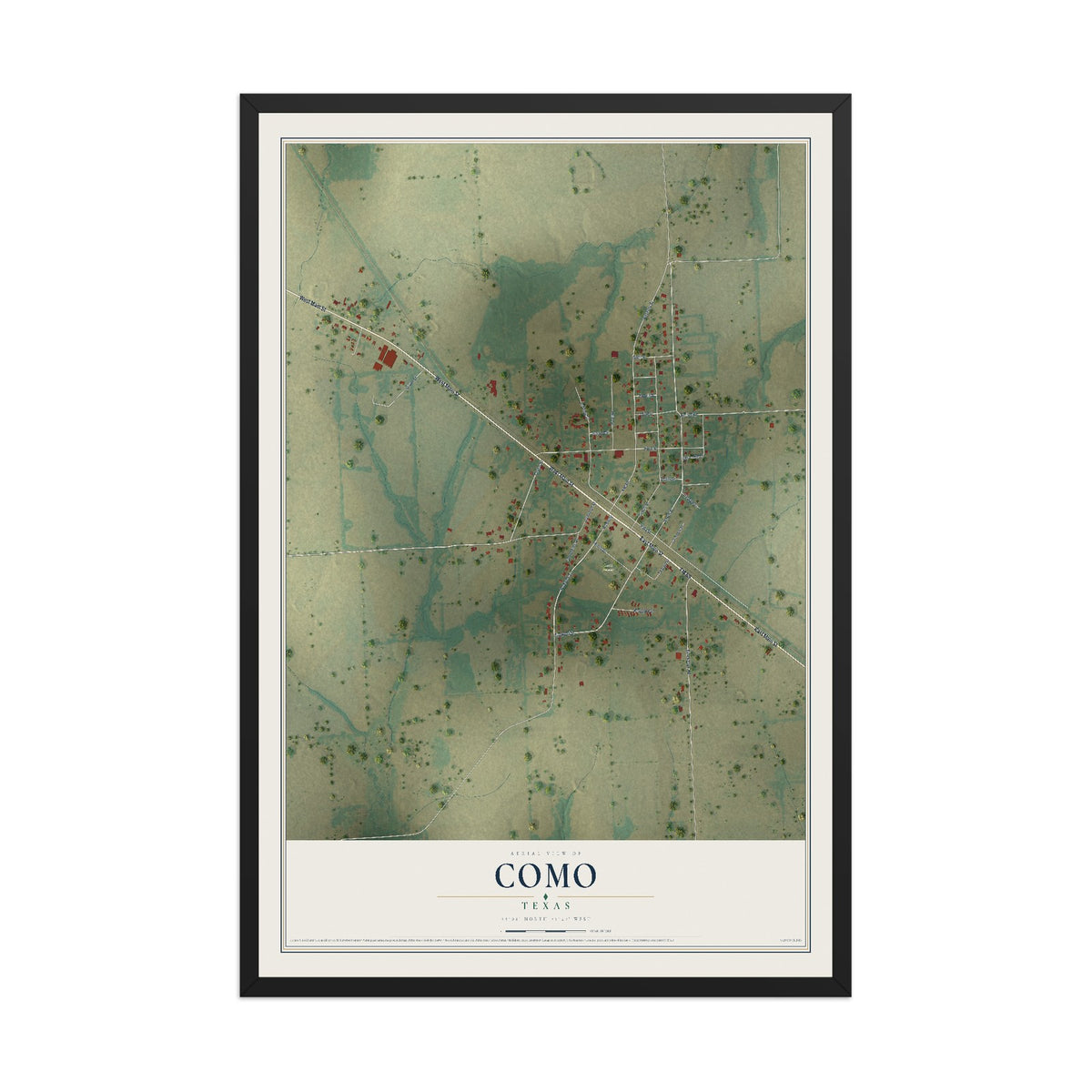 Map of Como, Texas, 12 x 18 inch print in a black wood frame