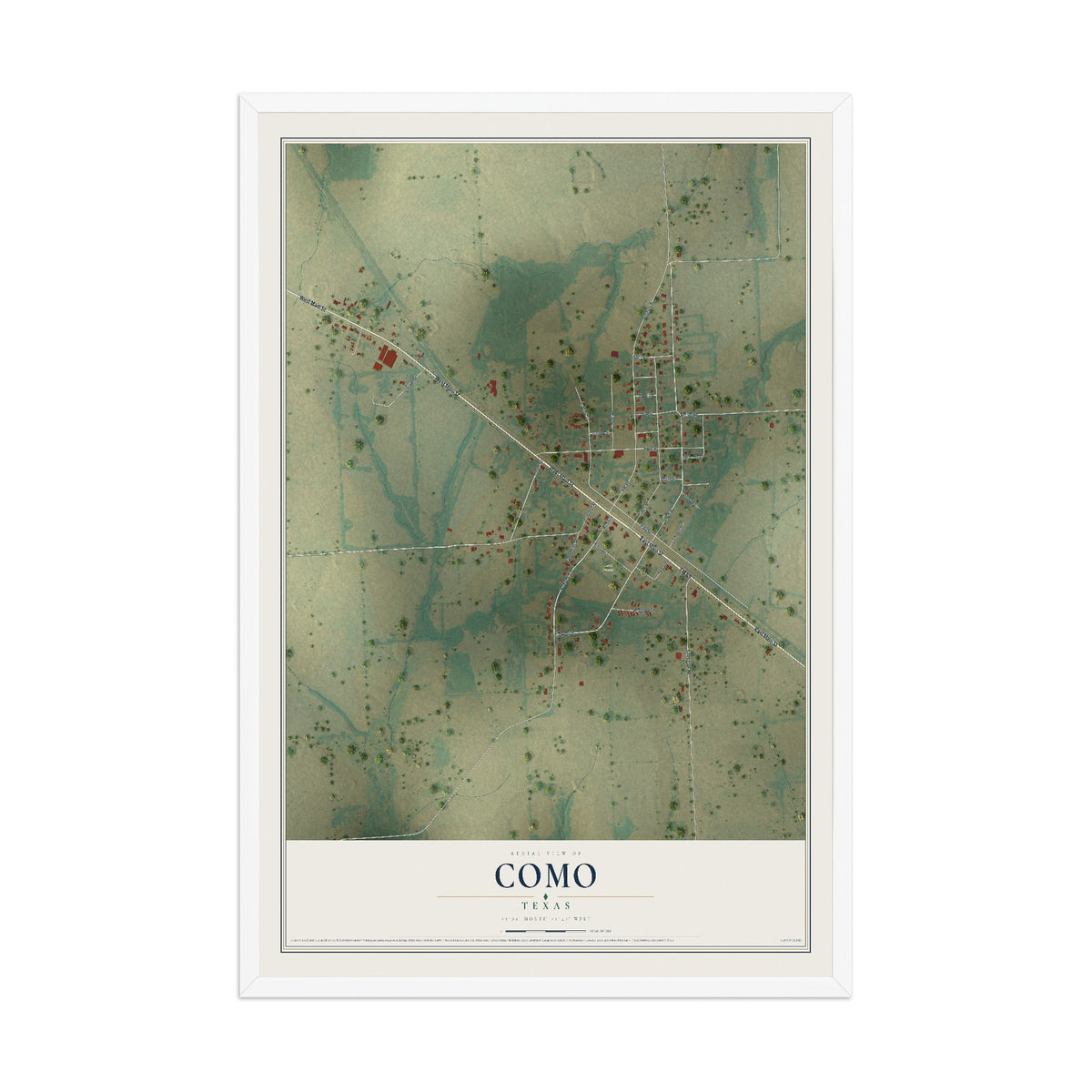 Map of Como, Texas, 12 x 18 inch print in a white wood frame
