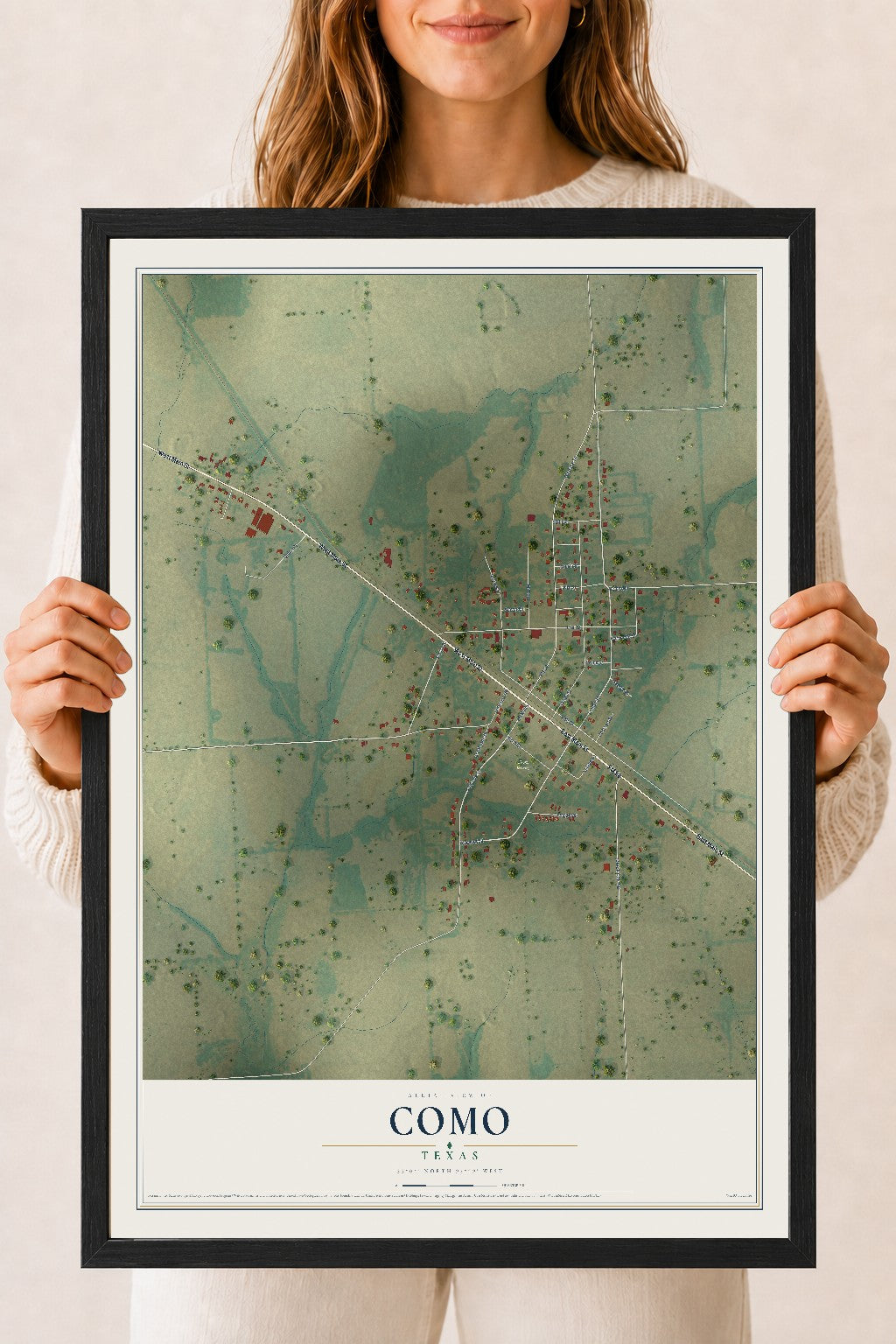 Map of Como, Texas, 18 x 24 inch print in a black wood frame