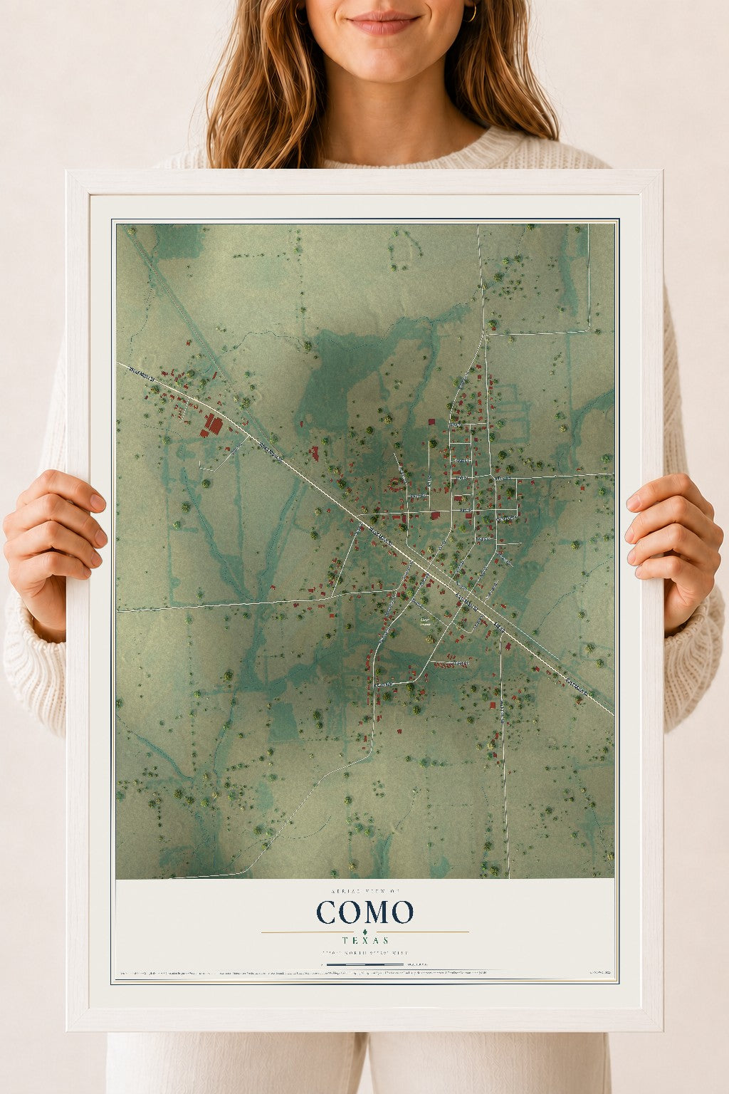 Map of Como, Texas, 18 x 24 inch print in a white wood frame
