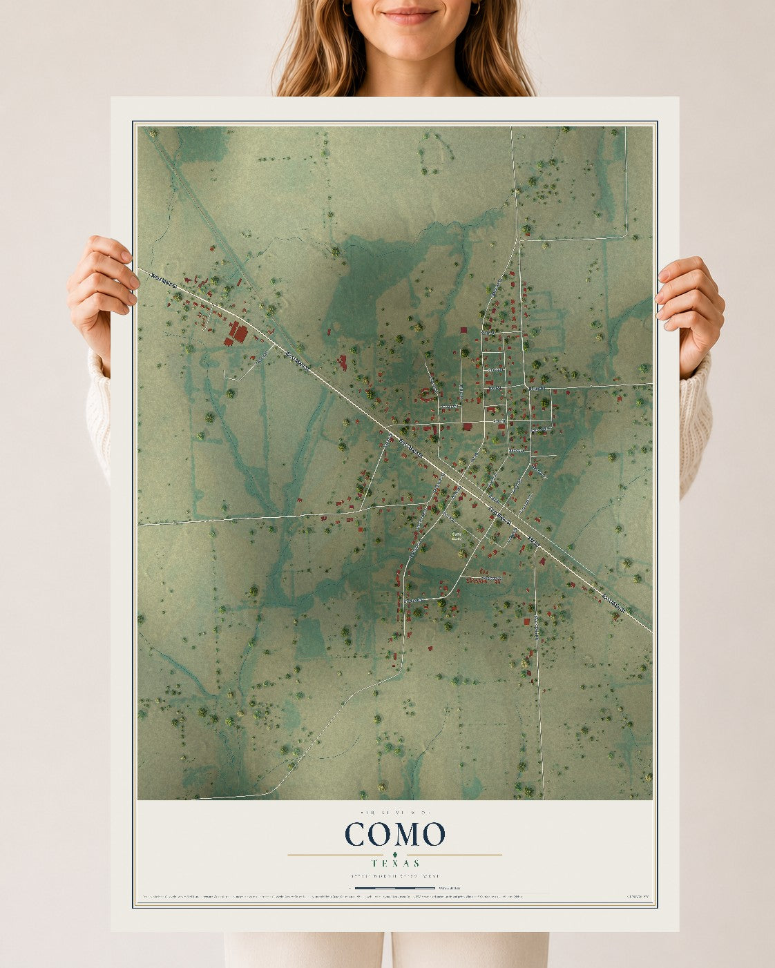 Map of Como, Texas, 24 x 36 inch unframed archival matte print