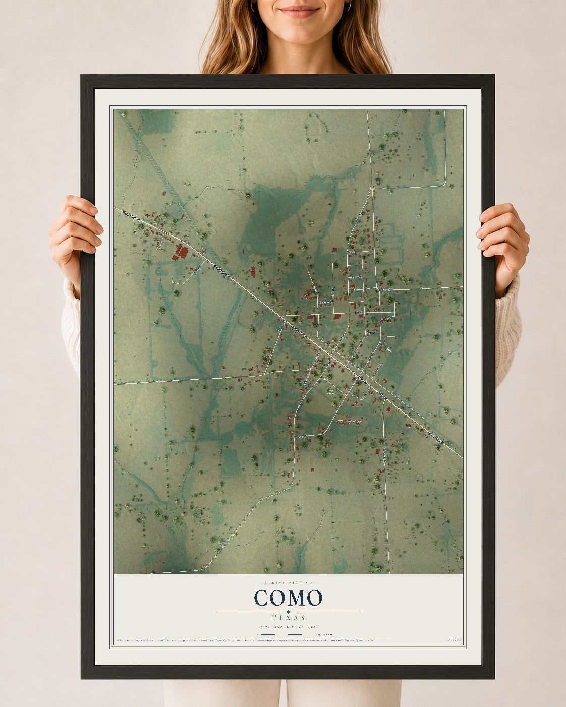 Map of Como, Texas, 24 x 36 inch print in a black wood frame