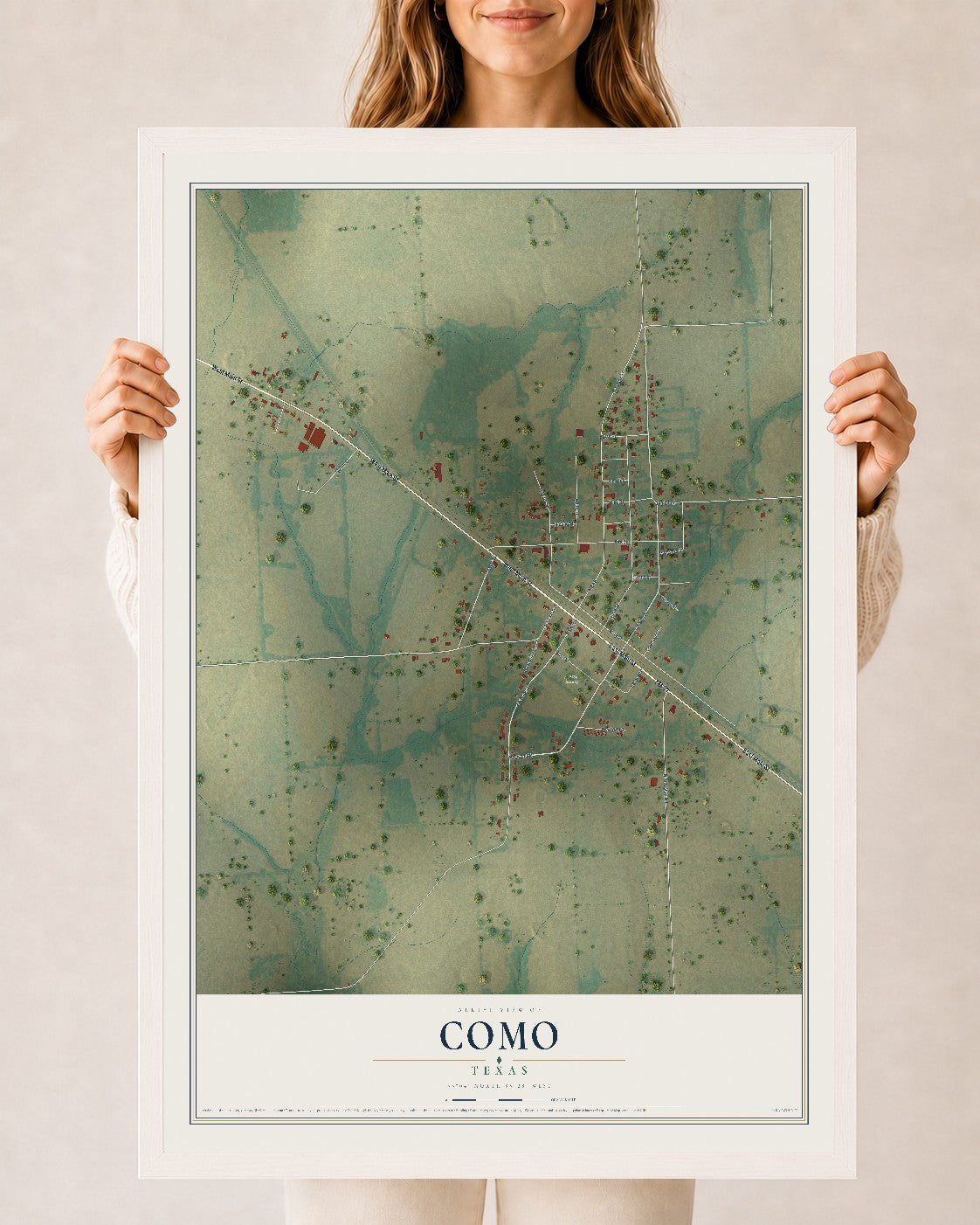 Map of Como, Texas, 24 x 36 inch print in a white wood frame