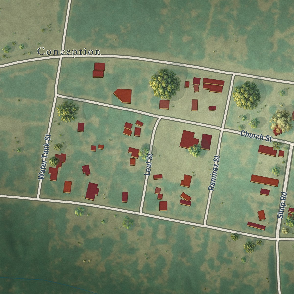 Close-up of the map of Concepcion, Texas print showing street and building detail
