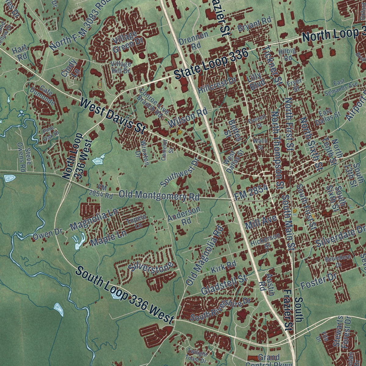 Close-up of the map of Conroe, Texas print showing street and building detail