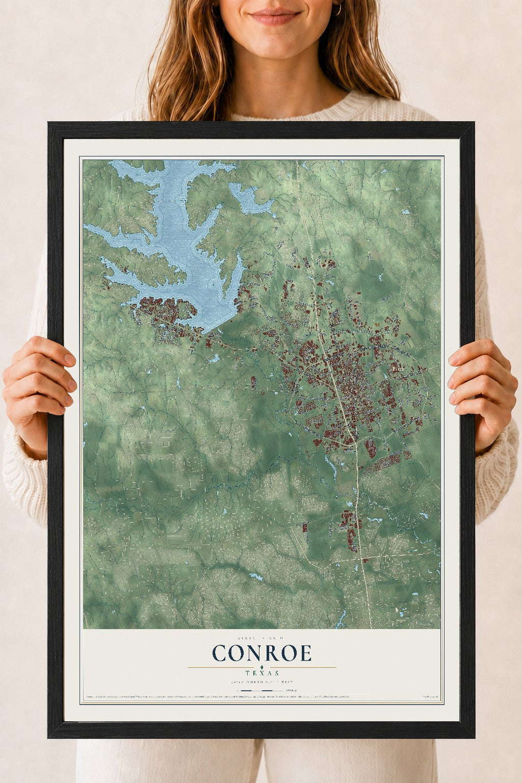 Map of Conroe, Texas, 18 x 24 inch print in a black wood frame