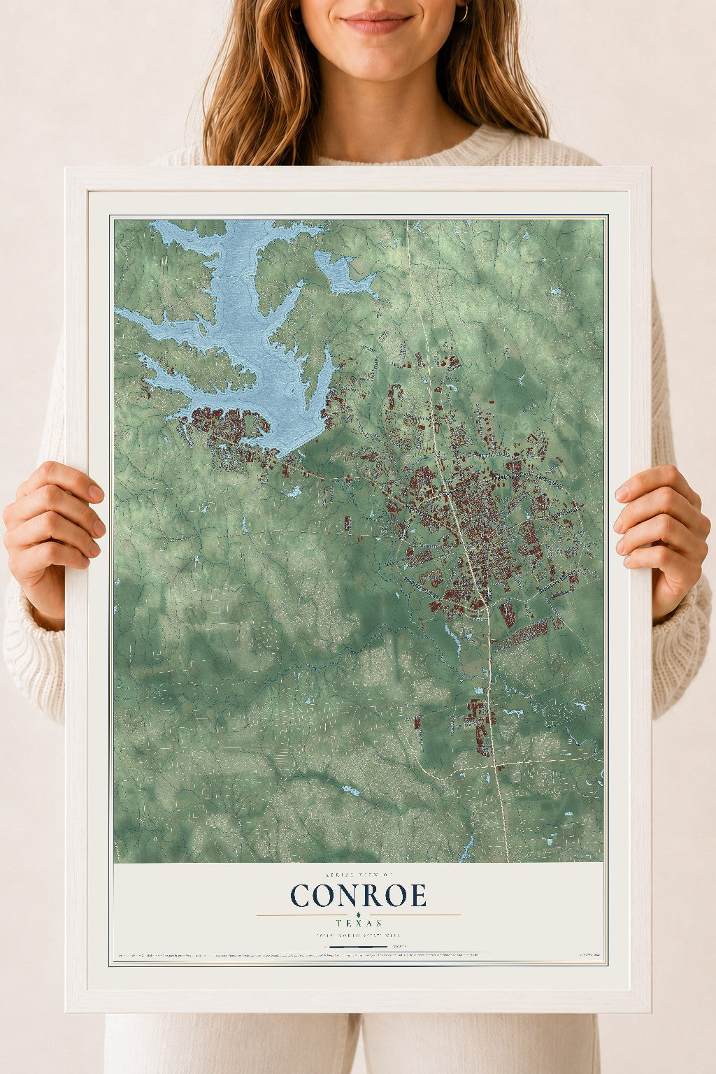 Map of Conroe, Texas, 18 x 24 inch print in a white wood frame