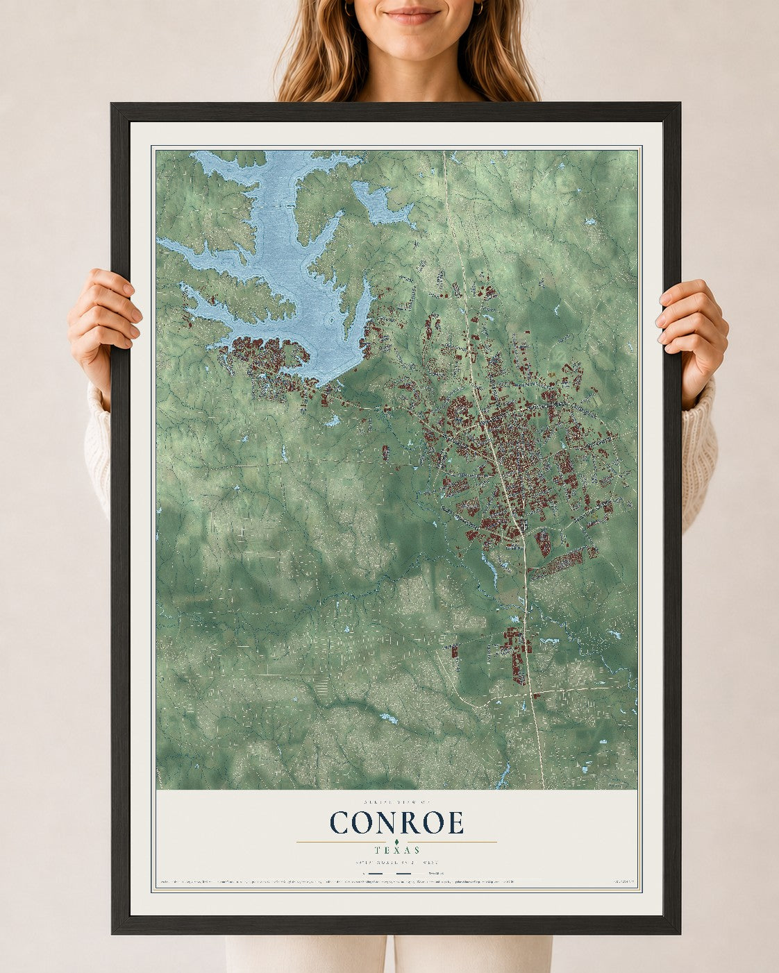Map of Conroe, Texas, 24 x 36 inch print in a black wood frame