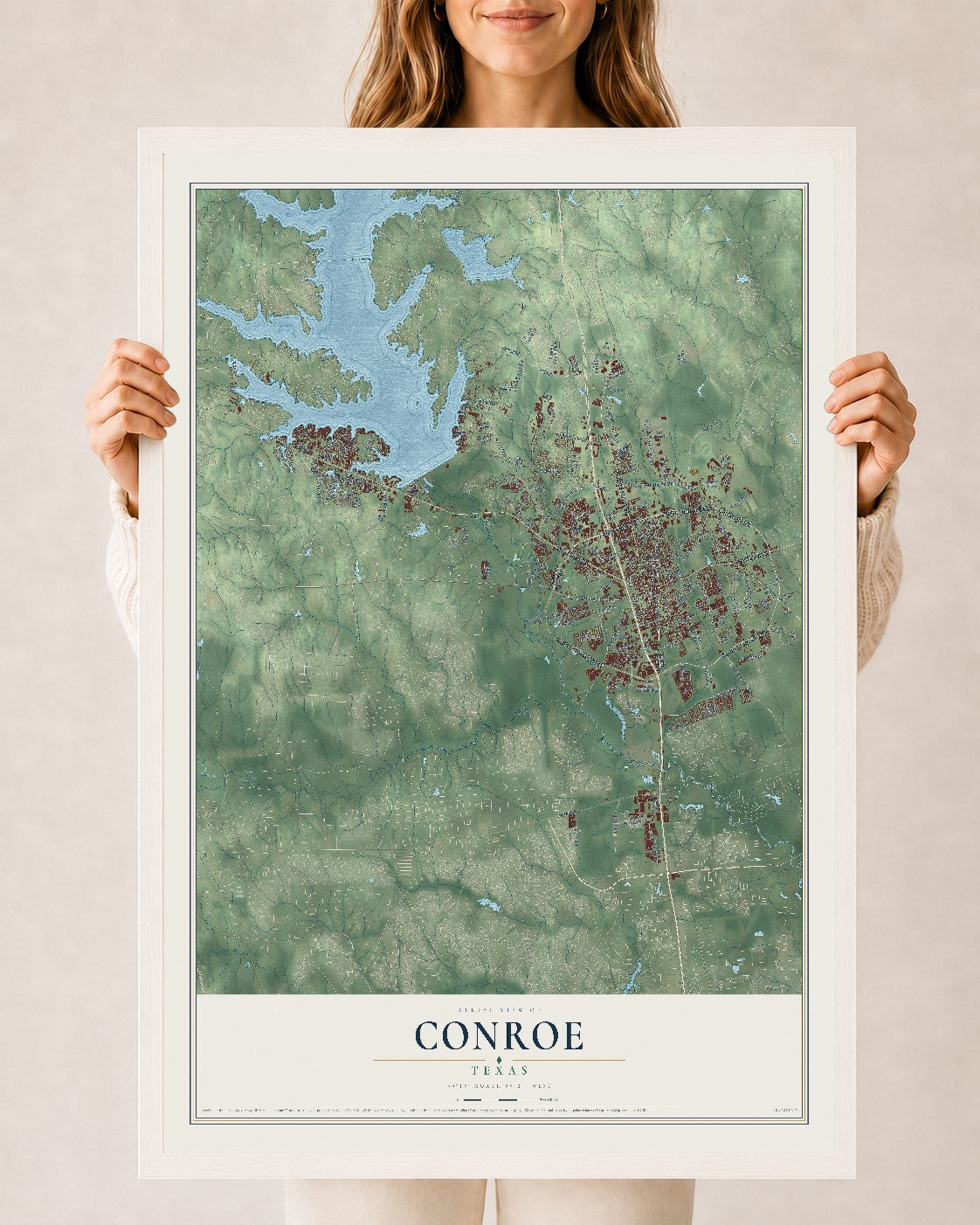 Map of Conroe, Texas, 24 x 36 inch print in a white wood frame