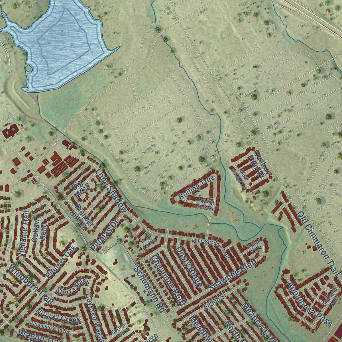 Second close-up of the map of Converse, Texas print showing more streets and buildings