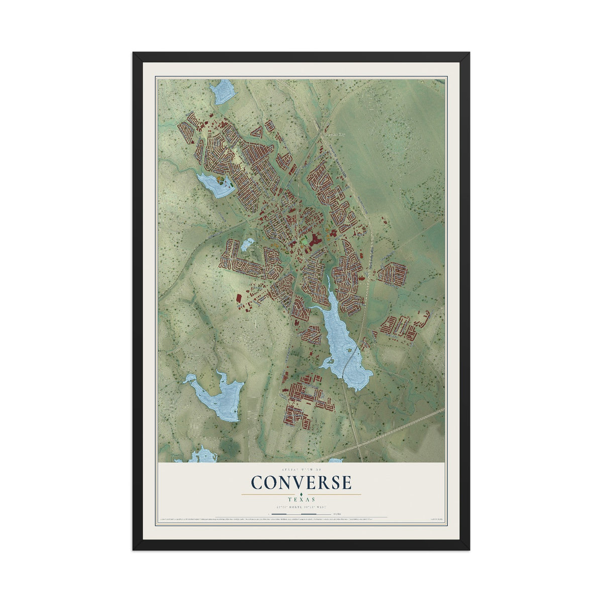 Map of Converse, Texas, 12 x 18 inch print in a black wood frame
