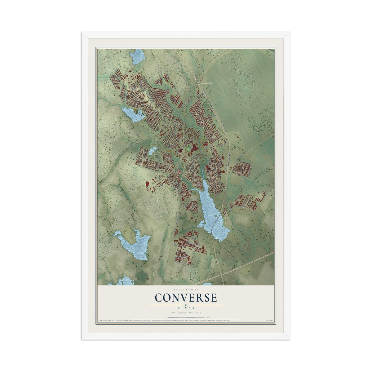 Map of Converse, Texas, 12 x 18 inch print in a white wood frame