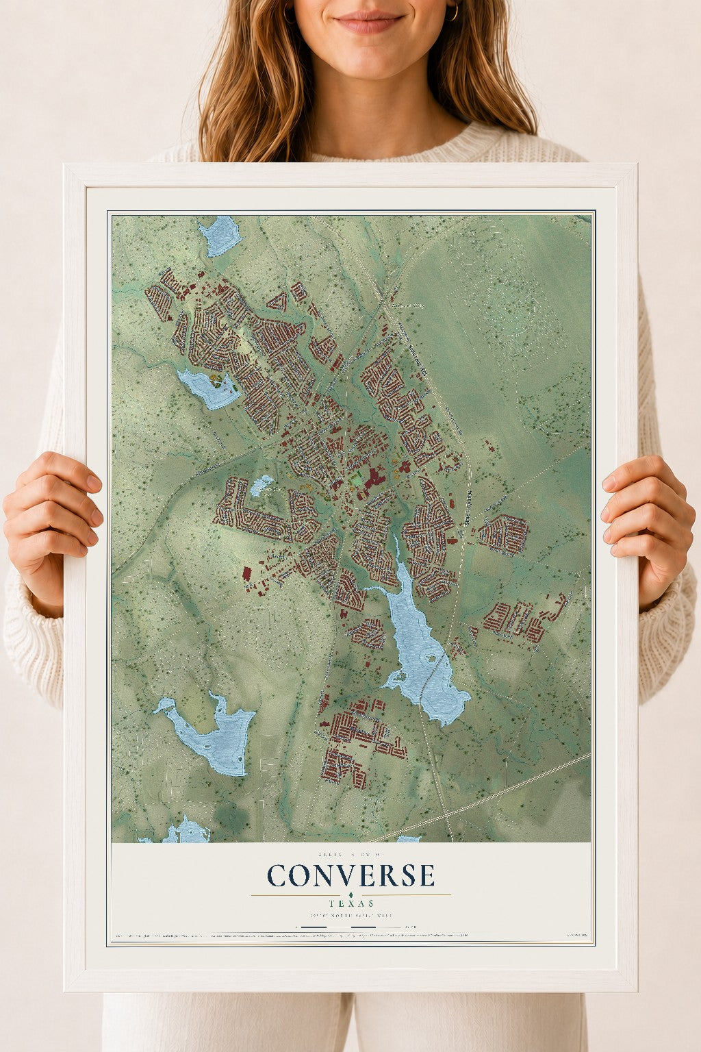 Map of Converse, Texas, 18 x 24 inch print in a white wood frame
