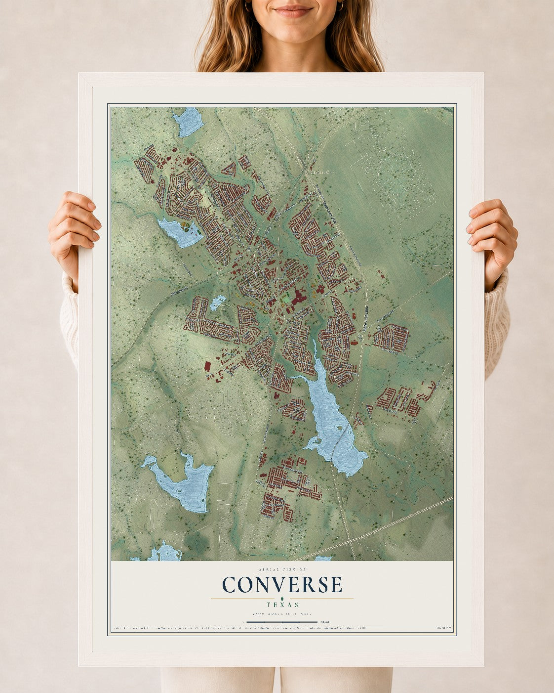 Map of Converse, Texas, 24 x 36 inch print in a white wood frame