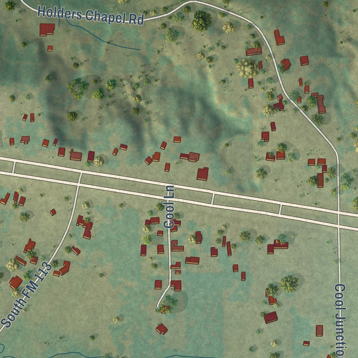 Close-up of the map of Cool, Texas print showing street and building detail