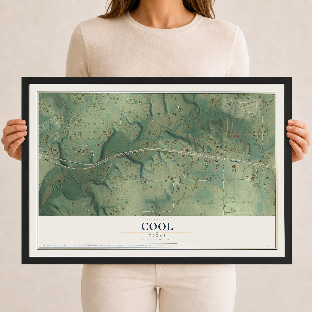 Map of Cool, Texas, 12 x 18 inch print in a black wood frame