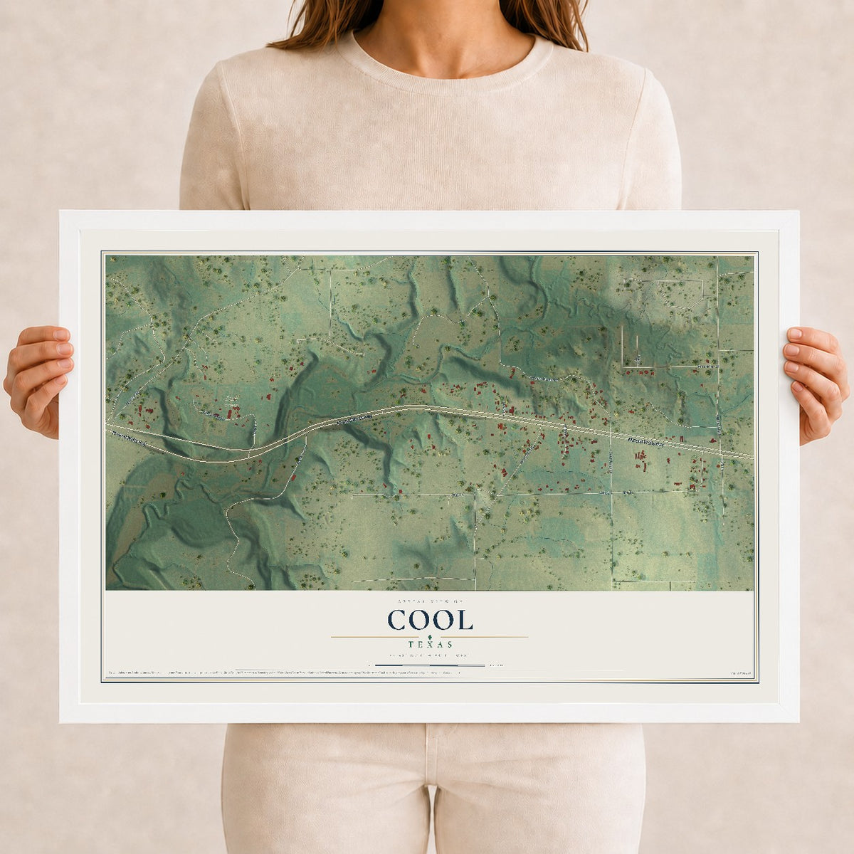 Map of Cool, Texas, 12 x 18 inch print in a white wood frame
