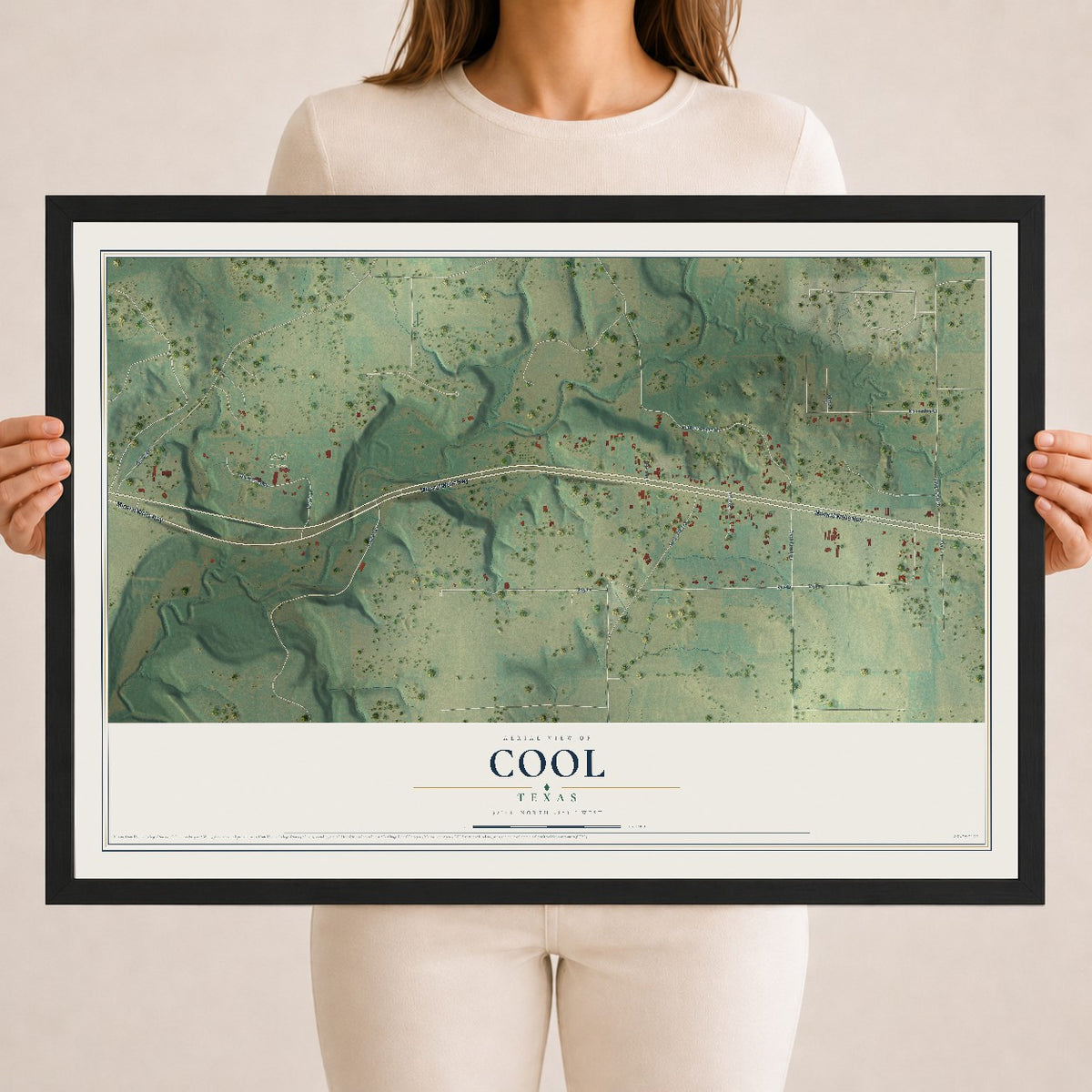 Map of Cool, Texas, 18 x 24 inch print in a black wood frame